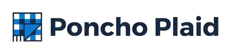 Logo de la marque Poncho Plaid avec motif à carreaux bleus et blancs.