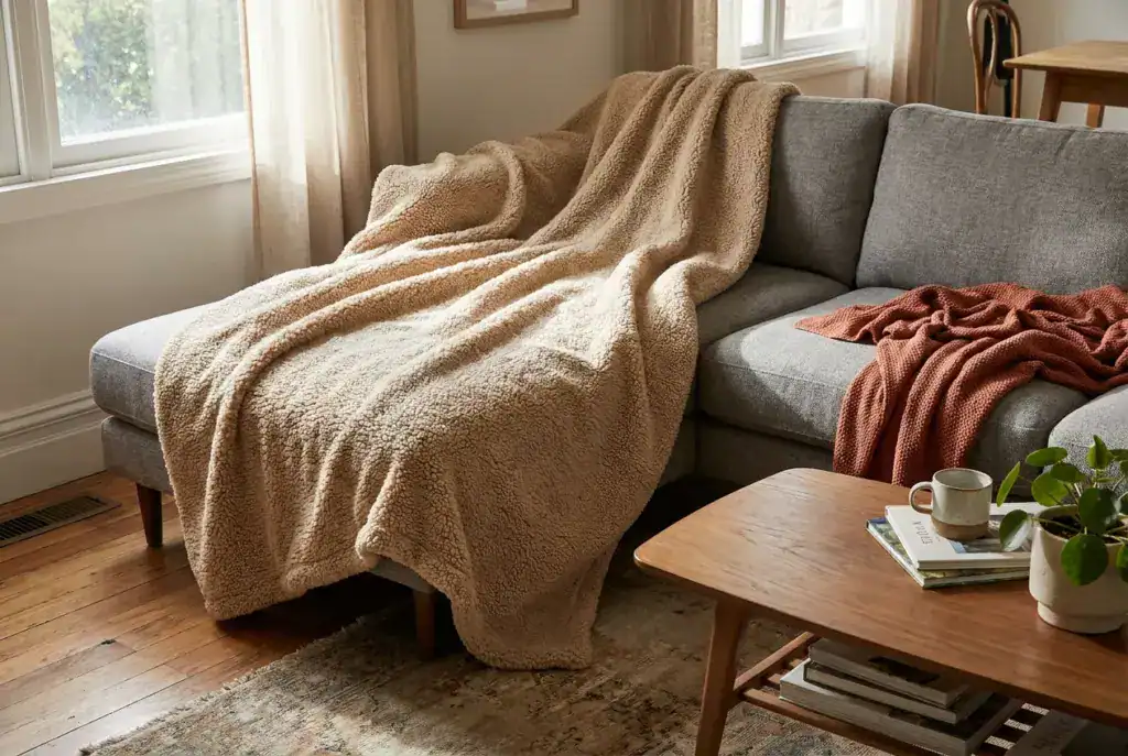Plaid beige sur la méridienne d'un canapé d'angle gris