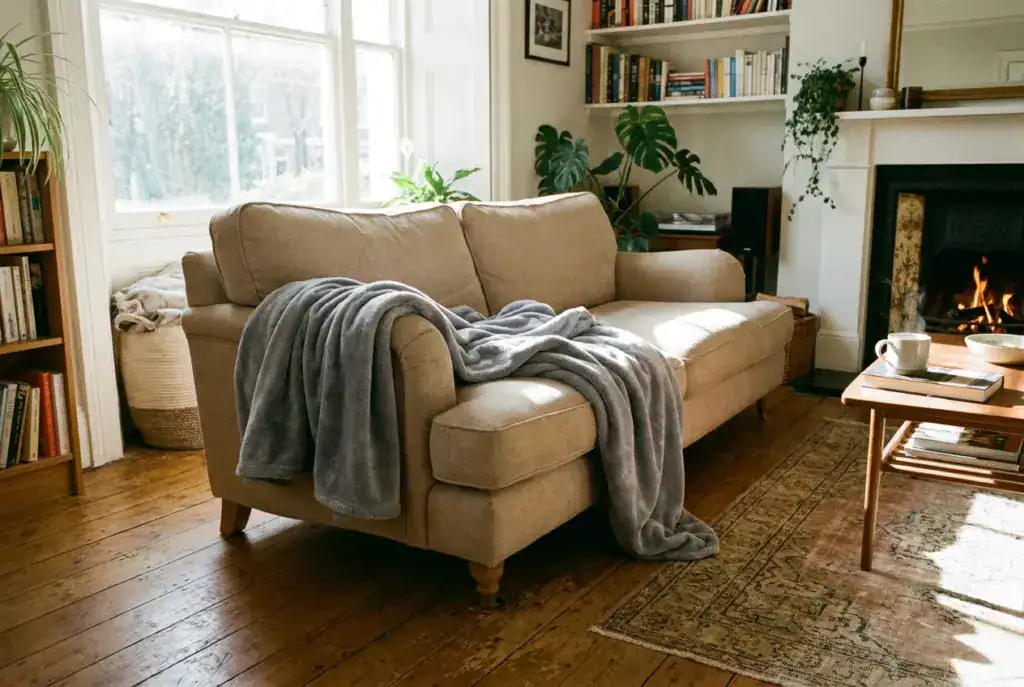 Plaid gris jeté sur l'angle d'un canapé beige