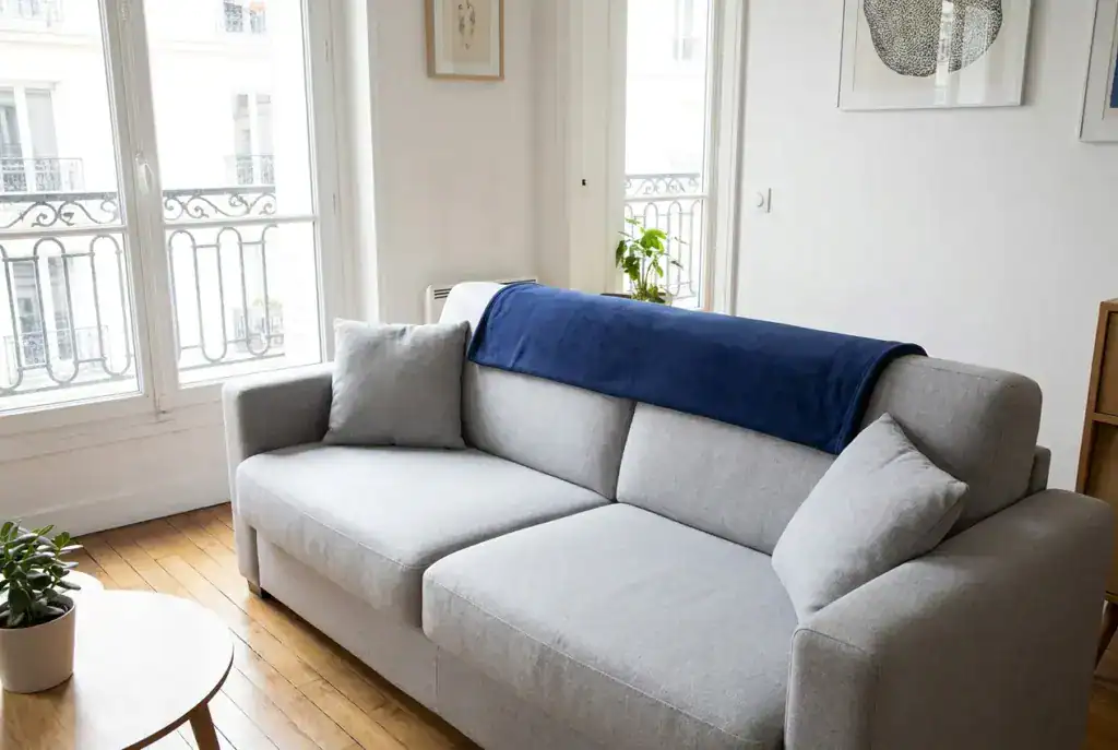 Plaid bleu marine plié en bande sur le dossier d'un canapé gris