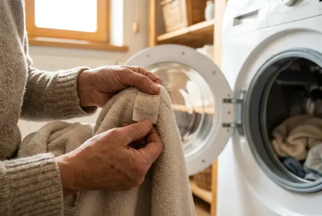Lecture de l'étiquette d'entretien d'un plaid devant le lave-linge