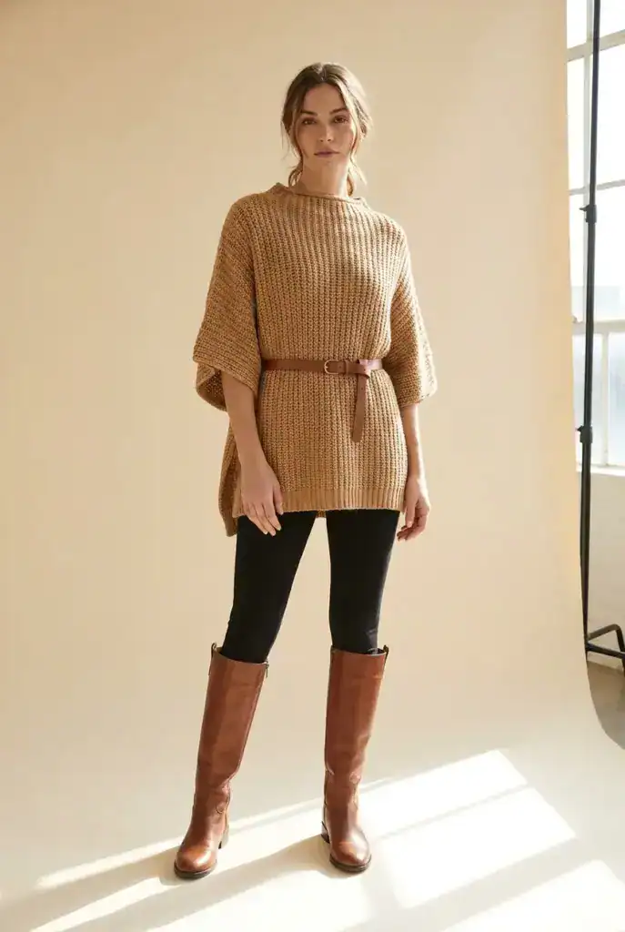 Poncho en maille camel resserré à la taille par une ceinture