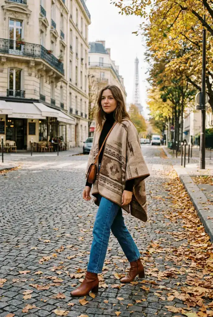 Poncho à motifs porté avec un col roulé, un jean et des bottines