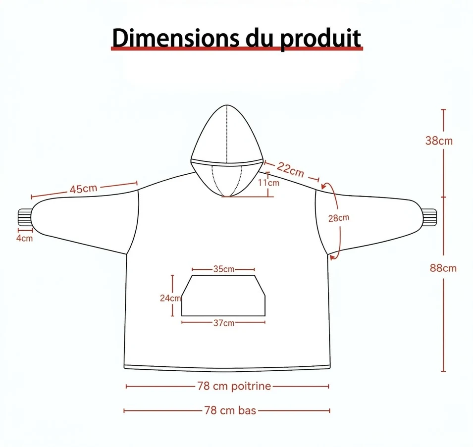 Schéma technique du poncho plaid à manches longues avec dimensions détaillées.