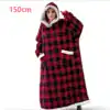 Poncho plaid rouge et noir avec capuche et poches, 150cm.