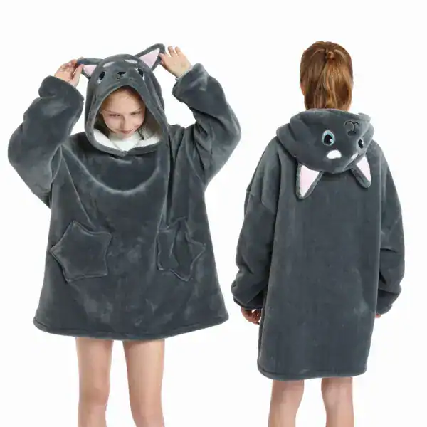 Poncho plaid enfant gris avec capuche chat, poches étoiles.