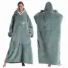 Poncho plaid femme long vert, capuche, poches, design fruit.