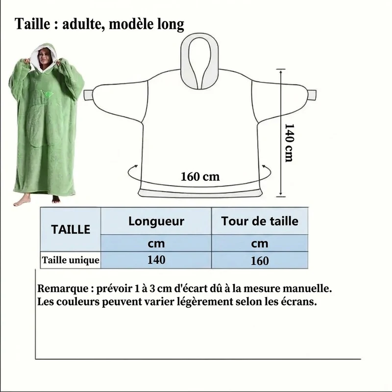 Poncho plaid femme long vert, capuche, poches, dimensions 140x160 cm.