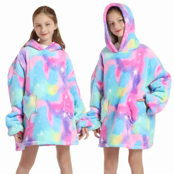 Poncho plaid fille arc-en-ciel à capuche avec poches.