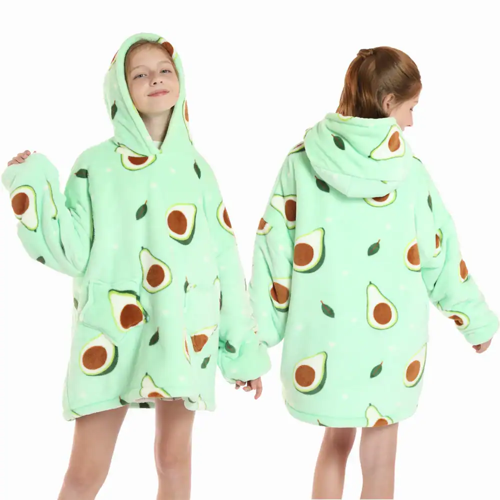 Poncho plaid fille motif avocat vert, capuche, poches.