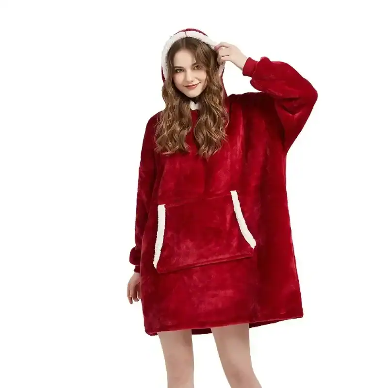 Poncho plaid rouge Noël avec capuche et poches, style Santa.