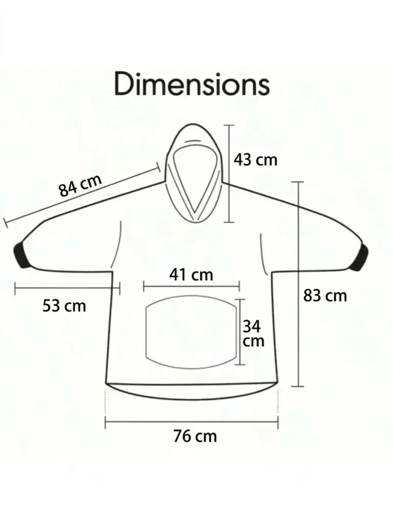 Poncho plaid Noël avec capuche et poches, dimensions détaillées en pouces et centimètres.