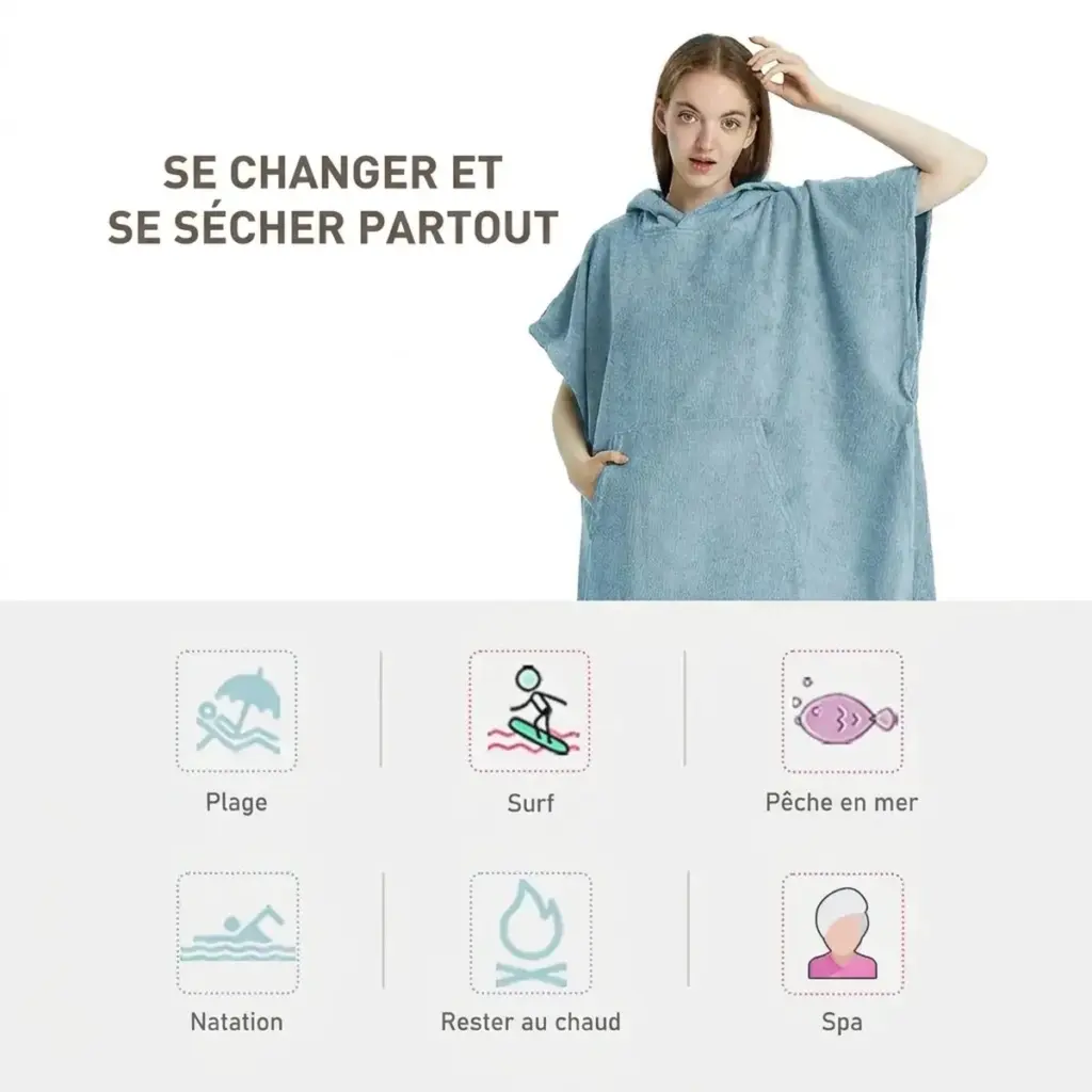 Poncho serviette de plage bleu clair à capuche avec poches, idéal pour séchage rapide après la baignade.