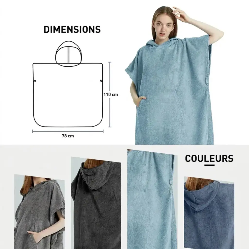 Poncho serviette de plage à capuche, séchage rapide, bleu clair, avec poches, dimensions 78x110cm.