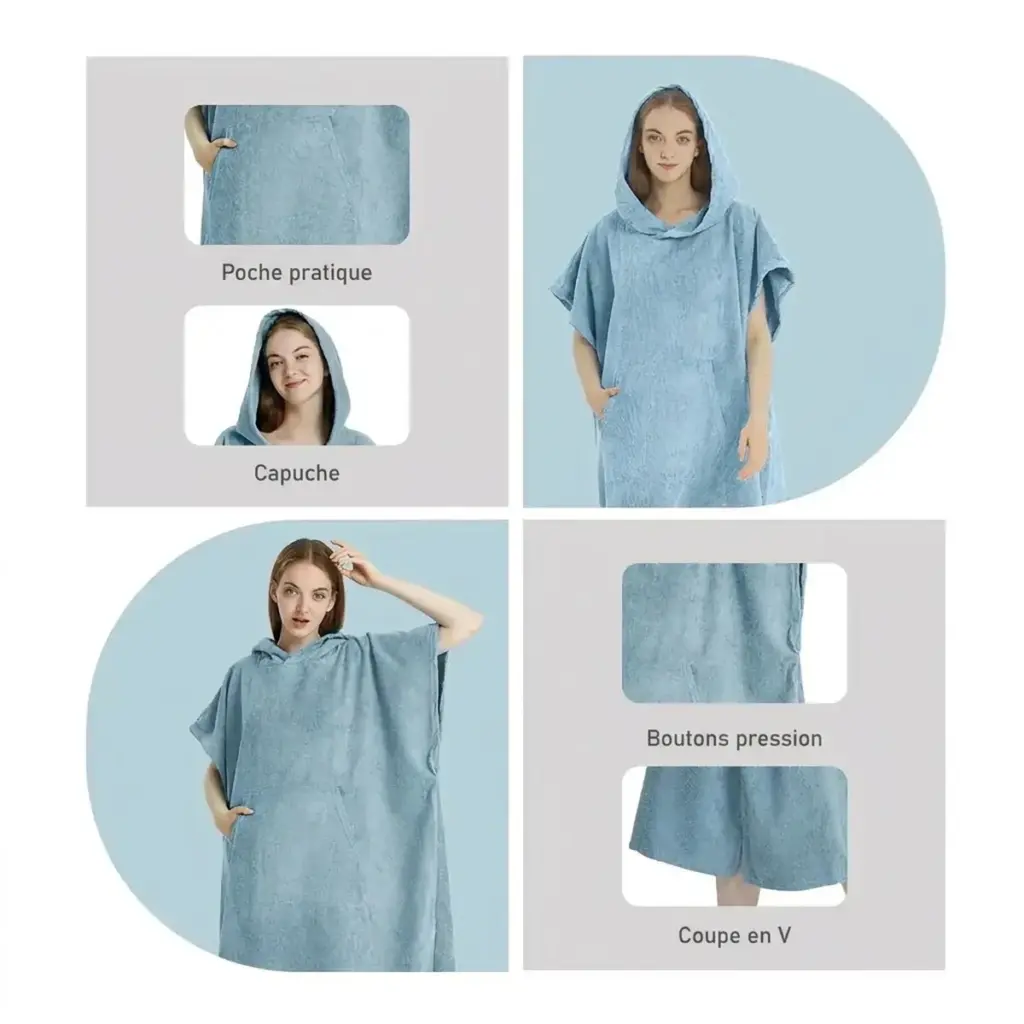 Poncho serviette de plage bleu ciel avec capuche et poches, séchage rapide.