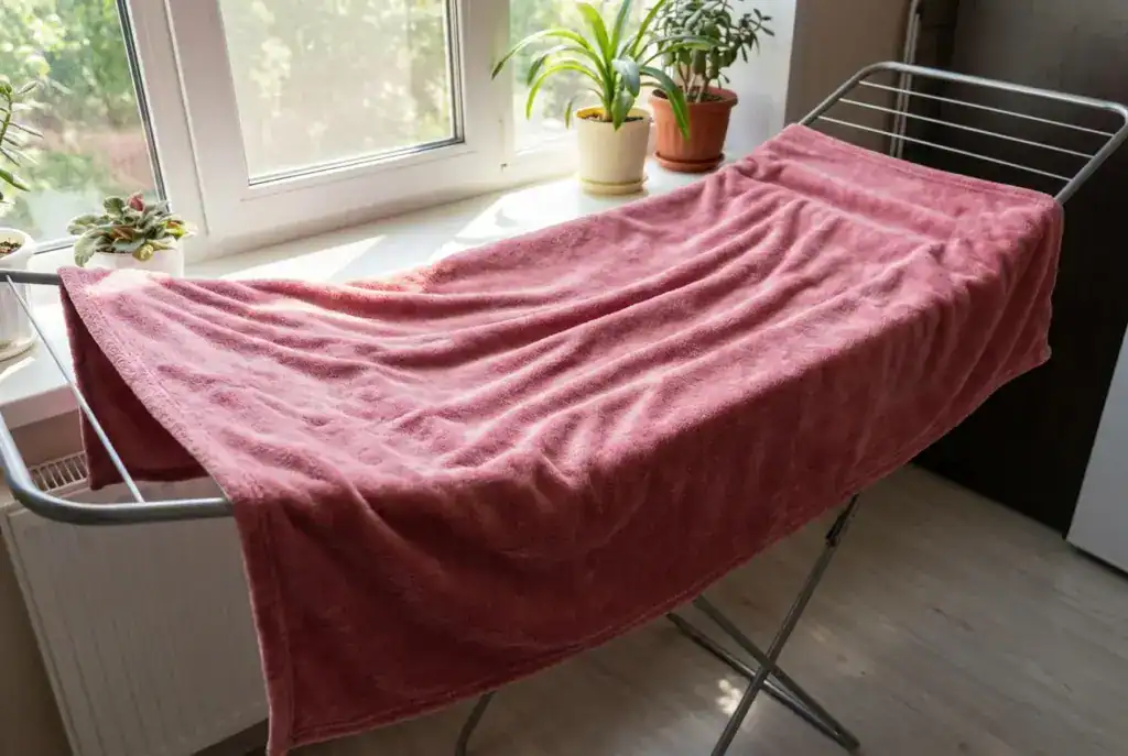 Plaid polaire rose qui sèche à plat sur un étendoir